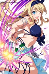 Rule 34 | 1girl, absurdres, armor, artist name, bikini, black bikini, black footwear, black hair, blonde hair, blue eyes, bow, breasts, cleavage, company connection, elina (queen&#039;s blade), elina (queen's blade), fang, fireworks, flower, hair bow, hair ribbon, hand up, headband, highres, holding, large breasts, long hair, navel, official art, one eye closed, open mouth, parted bangs, queen&#039;s blade, queen&#039;s blade unlimited, queen&#039;s blade white triangle, ribbon, sandals, shadow tracker elina, sidelocks, simple background, solo, stomach, swimsuit, white background