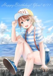 Rule 34 | 1girl, blue eyes, blush, brown hair, character name, collarbone, dated, denim, denim shorts, happy birthday, hat, highres, looking at viewer, love live!, love live! school idol festival, love live! sunshine!!, open mouth, rama (yu-light8), short hair, shorts, sitting, smile, solo, thighs, watanabe you, white hat