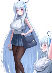Rule 34 | 1boy, 1girl, absurdres, alternate costume, arm up, bag, black pantyhose, blue archive, blunt bangs, breasts, can, casual, commentary, deriolet, from side, grabbing, grabbing another&#039;s breast, halo, hand under clothes, handbag, headgear, highres, holding, holding can, large breasts, long hair, looking at viewer, looking back, noa (blue archive), pantyhose, parted lips, pleated skirt, purple eyes, ribbed shirt, sensei (blue archive), shirt, sidelocks, simple background, skirt, sleeveless, sleeveless turtleneck, solo focus, turtleneck, white background, white hair