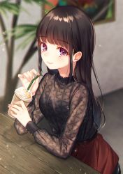 Rule 34 | 1girl, black hair, black shirt, blouse, blurry, blurry background, cup, elbows on table, frilled shirt collar, frills, highres, holding, holding cup, long hair, long sleeves, looking at viewer, moyui (myi 005), original, purple eyes, red skirt, shirt, sitting, skirt, smile, solo, straw, table, wooden table