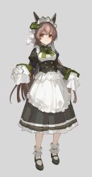 Rule 34 | 1girl, absurdres, alternate costume, ankle garter, apron, black footwear, black skirt, bow, bowtie, breasts, brown eyes, brown hair, ciloranko, closed mouth, corset, full body, green bow, green bowtie, grey background, highres, long hair, looking at viewer, maid headdress, mary janes, medium breasts, satono diamond (umamusume), shirt, shoes, simple background, skirt, sleeves rolled up, smile, solo, umamusume, waist apron, white shirt