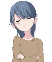 Rule 34 | 1girl, blue hair, blush, brown sweater, closed eyes, closed mouth, commentary request, core (mayomayo), crossed arms, eyes visible through hair, hair between eyes, head tilt, highres, long hair, long sleeves, shima rin, shrugging, simple background, solo, sweatdrop, sweater, white background, yurucamp
