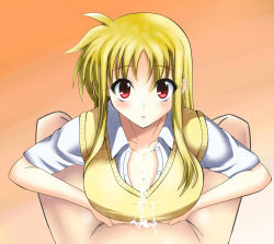 Rule 34 | 00s, 1girl, blonde hair, blush, breast hold, breasts, clothed female nude male, clothed paizuri, clothed sex, cum, cum on clothes, fate testarossa, gradient background, large breasts, long hair, looking at viewer, lyrical nanoha, mahou shoujo lyrical nanoha strikers, masaki (sibamasa), nude, paizuri, paizuri under clothes, penis, penis under another&#039;s clothes, red eyes, school uniform, short sleeves, simple background, solo focus, sweater vest, upper body