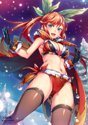 Rule 34 | 1girl, :d, bikini, black gloves, black thighhighs, blush, breasts, cameltoe, cape, clarisse (granblue fantasy), covered erect nipples, dated, from below, fur-trimmed bikini, fur trim, gloves, gluteal fold, granblue fantasy, green eyes, hair ribbon, large breasts, long hair, looking at viewer, looking down, navel, night, open mouth, orange hair, outdoors, ponytail, red bikini, ribbon, smile, snow, solo, standing, swimsuit, thighhighs, tree, tsuki tokage, twitter username