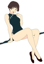 Rule 34 | 00s, 1girl, brown eyes, brown hair, china dress, chinese clothes, dress, gake no ue no ponyo, jas (littlecrime), legs, lisa (ponyo), mature female, open mouth, short hair, simple background, sitting, solo, studio ghibli, sweatdrop, white background