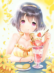 Rule 34 | 1girl, bikini, black hair, blush, breasts, cleavage, collarbone, food, glass, highres, holding, holding spoon, ice cream, large breasts, looking at viewer, original, pink eyes, short hair, sibyl, smile, solo, spoon, sundae, swimsuit, tongue, tongue out, wafer stick