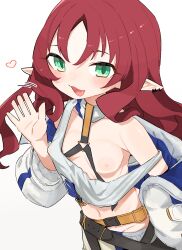 Rule 34 | 1girl, :3, arknights, belt, breasts, earrings, green eyes, havilaladlf, heart, highres, jewelry, large areolae, long hair, looking at viewer, midriff, myrtle (arknights), navel, nipples, one breast out, open mouth, pointy ears, red hair, simple background, small breasts, smile, solo, strap slip, upper body, wardrobe malfunction, waving, white background