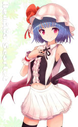Rule 34 | 1girl, alternate costume, armpits, bad id, bad pixiv id, bat wings, black gloves, black thighhighs, blue hair, capelet, elbow gloves, female focus, gloves, hand on own chest, hand on own hip, hat, hat ribbon, hip focus, low wings, midriff, navel, red eyes, remilia scarlet, ribbon, shirt, single glove, skirt, smile, solo, striped clothes, striped gloves, striped thighhighs, thighhighs, touhou, wings, wrist cuffs, wrist ribbon, yodori, zettai ryouiki