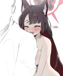 Rule 34 | 1boy, 1girl, absurdres, animal ear fluff, animal ears, black hair, blue archive, blush, breasts, closed eyes, faceless, faceless male, halo, haska (xjre7558), highres, korean commentary, korean text, large breasts, long hair, multicolored hair, nude, open mouth, red hair, simple background, tearing up, tears, translation request, upper body, very long hair, wakamo (blue archive), white background