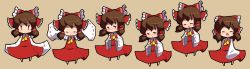 Rule 34 | 1girl, blueberry (5959), blush, bow, brown hair, chibi, detached sleeves, female focus, hair bow, hakurei reimu, japanese clothes, long image, long sleeves, miko, multiple views, simple background, touhou, wide image