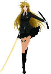 Rule 34 | 1girl, armband, bad id, bad pixiv id, bardiche (nanoha), belt, blonde hair, boots, energy sword, fate testarossa, frown, highres, jacket, katana, long hair, lyrical nanoha, mahou senki lyrical nanoha force, necktie, pleated skirt, red eyes, scabbard, sheath, skirt, solo, sword, takamachi fate, thigh strap, weapon