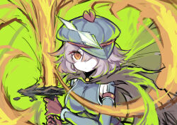 Rule 34 | 1girl, absurdres, alasharx, blue hat, breasts, cape, chinese commentary, closed mouth, commentary request, gloves, green background, grey cape, hat, hat over one eye, highres, holding, holding sword, holding weapon, kuruha (sequel awake), light purple hair, medium breasts, orange eyes, red gloves, sequel (series), sequel awake, short hair, solo, sword, torn cape, torn clothes, weapon