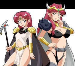 Rule 34 | 2girls, :d, age difference, armor, azalyn (musekinin kanchou tylor), bandeau, belt, bikini, blue eyes, breasts, brown eyes, cape, circlet, cleavage, clothing cutout, covered erect nipples, cowboy shot, fake horns, gem, gorget, hair over shoulder, hand on own hip, holding, holding weapon, horned headwear, horns, large breasts, light smile, lipstick, long hair, looking at viewer, lowleg, lowleg bikini, makeup, mature female, multiple girls, musekinin kanchou tylor, navel, navel cutout, no panties, open mouth, pauldrons, pelvic curtain, pointy ears, red hair, ryumage, shia has, shoulder armor, sidelocks, simple background, small breasts, smile, spikes, staff, standing, swimsuit, turtleneck, vambraces, weapon, white background
