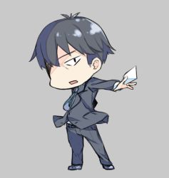 Rule 34 | 10s, 1boy, belt, between fingers, black hair, chibi, envelope, formal, full body, grey background, holding, idolmaster, idolmaster cinderella girls, letter, long sleeves, lowres, male focus, md5 mismatch, necktie, outstretched arm, producer (idolmaster), producer (idolmaster cinderella girls anime), resized, short hair, simple background, solo, standing, suit, tunamayochan