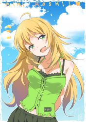 Rule 34 | 1girl, ahoge, arms behind back, artist name, blonde hair, blush, character name, dated, green eyes, highres, hoshii miki, idolmaster, idolmaster (classic), inoue sora, long hair, looking at viewer, one eye closed, open mouth, revision, smile, solo