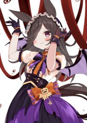 Rule 34 | 1girl, agaki anko, animal ears, black bow, black bowtie, black gloves, black skirt, black wings, blush, bow, bowtie, brooch, brown hair, center frills, closed mouth, collared shirt, commentary, demon wings, fangs, frilled hairband, frills, gloves, hair over one eye, hairband, halloween, halloween costume, highres, horse ears, horse girl, horse tail, jack-o&#039;-lantern ornament, jewelry, long hair, looking at viewer, official alternate costume, puffy short sleeves, puffy sleeves, purple eyes, purple skirt, rice shower (make up vampire!) (umamusume), rice shower (umamusume), shirt, short sleeves, skirt, smile, solo, standing, tail, umamusume, white background, white hairband, white shirt, wings