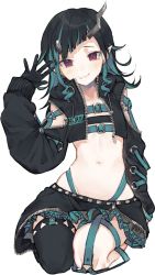 Rule 34 | 1girl, nanashi inc., belt, belt bra, black gloves, black hair, black jacket, black skirt, black thighhighs, blue belt, blue hair, blush, chest belt, closed mouth, clothing cutout, commentary request, cropped jacket, cross-laced clothes, cross-laced sleeves, demon girl, demon horns, flat chest, full body, garter straps, gloves, grey skirt, horns, jacket, kawaii rowa, layered skirt, long hair, long sleeves, looking at viewer, midriff, multicolored hair, navel, open clothes, open jacket, pointy ears, red eyes, seiza, shishio chris, shoulder cutout, simple background, single thighhigh, sitting, skirt, smile, solo, sugar lyric, thighhighs, transparent background, two-tone hair, virtual youtuber, waving, zipper skirt