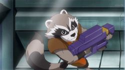 Rule 34 | 1boy, 1girl, animated, animated gif, disk wars avengers, gun, holding, holding weapon, jessica shannon, jumping, looking at another, marvel, raccoon, rocket raccoon, running, weapon