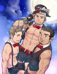 Rule 34 | 3boys, bara, bare arms, bare pectorals, beard, belly, belt, black shorts, black vest, bow, bowtie, buckle, bulge, chest hair, chippendales, detached collar, facial hair, from above, goatee, grey hair, hat, leather belt, long sideburns, male focus, mature male, midriff, multiple boys, muscular, muscular male, navel, navel hair, nipples, original, pectoral cleavage, pectorals, red belt, red bow, red bowtie, short hair, shorts, sideburns, sidepec, smile, stomach, stubble, suspenders, suv (suv032), toned, toned male, top hat, topless male, vest