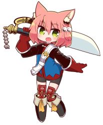 Rule 34 | 1girl, 7th dragon, 7th dragon (series), :d, animal ear fluff, animal ears, belt, belt buckle, bike shorts, black footwear, black shorts, blue jacket, blush, boots, buckle, cat ears, commentary request, fang, fighter (7th dragon), full body, gloves, green eyes, hair between eyes, hair bobbles, hair ornament, hand up, harukara (7th dragon), highres, holding, holding sword, holding weapon, jacket, knee boots, long sleeves, looking at viewer, naga u, one side up, open mouth, pink hair, red gloves, short shorts, shorts, simple background, smile, solo, striped clothes, striped thighhighs, sword, thighhighs, thighhighs under boots, weapon, white background, white belt