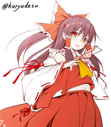 Rule 34 | 1girl, between fingers, bow, brown eyes, brown hair, commentary request, detached sleeves, hair bow, hair tubes, hakurei reimu, haryuu (poetto), highres, holding, long hair, long sleeves, looking at viewer, navel, ofuda, ofuda between fingers, parted lips, pleated skirt, ponytail, red bow, red ribbon, red shirt, red skirt, ribbon, ribbon-trimmed sleeves, ribbon trim, shirt, simple background, skirt, skirt set, sleeveless, sleeveless shirt, solo, touhou, twitter username, white background, white sleeves, wide sleeves, yellow neckwear