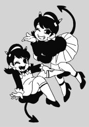Rule 34 | 2girls, aged down, black hair, child, demon girl, demon horns, demon tail, dress, dual persona, evil grin, evil smile, fang, grey background, grin, hair ribbon, hairband, highres, horns, leg up, low twintails, multiple girls, open mouth, osomatsu-kun, osomatsu-san, osomatsu (series), pinafore dress, ribbon, short twintails, skirt, sleeveless, sleeveless dress, smile, softowel, tail, time paradox, turtleneck, twintails, yowai totoko