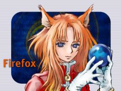 Rule 34 | 1girl, animal ears, blue eyes, earth (planet), giant, giantess, globe, gloves, holding, huge giantess, looking at viewer, mozilla firefox, orange hair, os-tan, personification, piro (artist), piro (piro r), planet, solo, upper body, white gloves