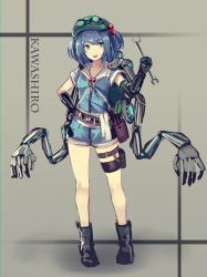 Rule 34 | 1girl, adapted costume, backpack, bag, belt, black gloves, blue hair, boots, breasts, cabbie hat, character name, elbow gloves, full body, gloves, goggles, goggles on headwear, green hat, grey background, hand on own hip, hat, kawashiro nitori, key, legs, looking at viewer, mechanical arms, nakaichi (ridil), open mouth, short hair, short sleeves, shorts, single mechanical arm, sketch, small breasts, smile, solo, thigh strap, thighs, touhou, two side up, wrench