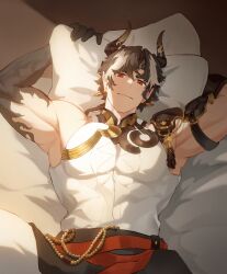 Rule 34 | 1boy, absurdres, arknights, armpits, arms up, bare shoulders, black hair, chong yue (arknights), dragon boy, dragon horns, feiqiyibu, highres, horns, long hair, lying, male focus, multicolored hair, on back, on bed, pectorals, pointy ears, ponytail, sidepec, sleeveless, smile, solo, streaked hair, thick eyebrows