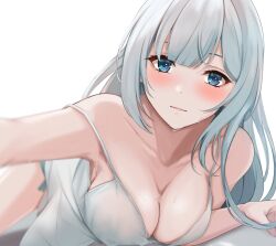 Rule 34 | 1girl, armpits, bare shoulders, blue hair, blunt bangs, blush, breasts, camisole, cleavage, collarbone, highres, idolmaster, idolmaster million live!, light blue hair, long hair, looking at viewer, lying, medium breasts, on stomach, shiraishi tsumugi, simple background, solo, strap slip, sweatdrop, underwear, underwear only, very long hair, white background, white camisole, yuzuyu (hyui)
