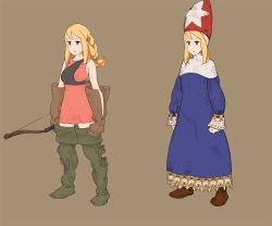 Rule 34 | 1girl, agrias oaks, blonde hair, bow (weapon), braid, brown background, fgz, final fantasy, final fantasy tactics, holding, holding bow (weapon), holding weapon, long hair, multiple views, simple background, thighhighs, weapon