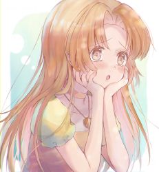 Rule 34 | 1girl, begging, blush, frown, green background, hand on own face, highres, hime cut, long hair, marin109000, mermaid melody pichi pichi pitch, open mouth, orange eyes, orange hair, orange shirt, sad, seira (mermaid melody pichi pichi pitch), shirt, simple background, sleeve, solo, tears, yellow shirt