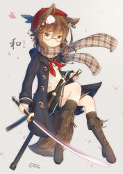 Rule 34 | 1girl, :&lt;, absurdres, animal ear fluff, animal ears, beret, black coat, black sailor collar, black skirt, blue feathers, blush, boots, brown footwear, brown hair, brown scarf, brown socks, closed mouth, coat, commentary request, coreytaiyo, cross-laced footwear, dated, feathers, fringe trim, full body, glasses, grey background, hat, hat feather, highres, holding, holding sheath, holding sword, holding weapon, katana, knee boots, kneehighs, lace-up boots, looking at viewer, neckerchief, open clothes, open coat, original, petals, plaid, plaid scarf, pleated skirt, red-framed eyewear, red hat, red neckerchief, sailor collar, scarf, school uniform, semi-rimless eyewear, serafuku, sheath, signature, simple background, skirt, socks, solo, sweat, sword, translation request, under-rim eyewear, unmoving pattern, unsheathed, weapon, yellow eyes