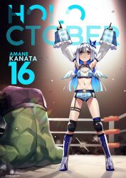 Rule 34 | 1boy, 1girl, absurdres, adapted costume, adarin, amane kanata, angel wings, blue hair, boots, character name, colored skin, detached sleeves, gloves, green skin, grey hair, highres, hololive, hulk, knee pads, long hair, marvel, midriff, navel, partially fingerless gloves, pointing, pointing up, purple eyes, shorts, spotlight, twitter username, upside-down, victory pose, virtual youtuber, wings, wrestling outfit, wrestling ring