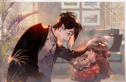 Rule 34 | 1boy, 1girl, age difference, black hair, black jacket, window blinds, brown eyes, brown hair, commentary request, couch, dress, eye contact, hair bun, headpat, indoors, jacket, kawacy, long hair, looking at another, hugging object, open clothes, open jacket, original, pillow, plant, profile, red dress, shirt, single hair bun, stuffed animal, stuffed toy, teddy bear, white shirt, window
