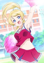Rule 34 | 1girl, absurdres, armpits, ayase eli, birthday, blonde hair, blue eyes, blush, breasts, building, cheerleader, commentary, high ponytail, highres, long hair, looking at viewer, love live!, love live! school idol project, medium breasts, midriff, navel, pom pom (cheerleading), ponytail, school, scrunchie, signature, smile, solo, upper body, white scrunchie, zero-theme