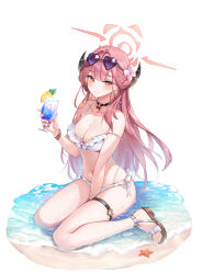 Rule 34 | 1girl, aru (blue archive), bangle, beach, between thighs, bikini, black choker, blue archive, blush, bracelet, breasts, brown horns, bubble, choker, cleavage, closed mouth, commentary request, cup, demon horns, drink, earrings, eyewear on head, feet, fingernails, flower, food, frilled bikini, frilled bikini top, frills, fruit, glint, hair flower, hair ornament, halo, heart, heart-shaped eyewear, heart o-ring, highres, holding, holding cup, holding drink, horns, jewelry, large breasts, lemon, lemon slice, long fingernails, long hair, looking at viewer, nail polish, navel, o-ring, o-ring choker, o-ring thigh strap, pink flower, pink hair, pink halo, pink nails, purple-tinted eyewear, sandals, shore, side-tie bikini bottom, simple background, sitting, smile, solo, star (symbol), star earrings, starfish, strap slip, sunglasses, swimsuit, thigh strap, tinted eyewear, toes, tropical drink, very long hair, wariza, water, water drop, wet, white background, white bikini, woodazi, yellow eyes