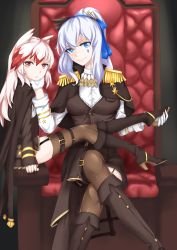 Rule 34 | 2girls, absurdres, blue eyes, boots, bow, brown legwear, cape, capelet, epaulettes, facial mark, garter straps, gloves, hair bow, highres, legs, crossed legs, legs up, long hair, looking at viewer, military, military uniform, multicolored hair, multiple girls, north carolina (warship girls r), piao qi jiangjun, pink eyes, pink hair, ponytail, silver hair, sitting, skirt, smile, thigh strap, thighhighs, throne, two-tone hair, uniform, warship girls r, washington (warship girls r), white gloves