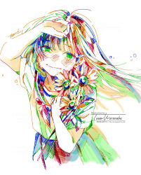 Rule 34 | 1girl, arm up, artist name, closed mouth, colorful, commentary request, cowboy shot, crying, crying with eyes open, floating hair, flower, highres, holding, holding flower, long hair, looking at viewer, marker (medium), neckerchief, original, pen (medium), pleated skirt, sailor collar, sailor shirt, school uniform, serafuku, shirt, short sleeves, signature, simple background, skirt, solo, standing, sunflower, tears, traditional media, watanabe tomari, watermark, white background
