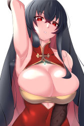 Rule 34 | 1girl, arm up, armpits, azur lane, bare shoulders, black hair, breast press, breasts, breasts squeezed together, china dress, chinese clothes, cleavage, cleavage cutout, clothing cutout, dress, elbow gloves, gloves, highres, kaneko (bblogtinhan), large breasts, long hair, navel, official alternate costume, red dress, red eyes, see-through, skin tight, skindentation, solo, taihou (azur lane), taihou (phoenix&#039;s spring song) (azur lane)