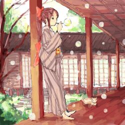 Rule 34 | 1girl, bad drawr id, bad id, bare tree, barefoot, black eyes, bow, brown hair, bubble, blowing bubbles, bush, cat, character request, copyright request, day, full body, grey kimono, hair bow, hair ornament, hairclip, hand up, holding, japanese clothes, kimono, long hair, long sleeves, oekaki, ponytail, red bow, sash, sketch, solo, standing, striped clothes, striped kimono, sunlight, suya000, tree, wide sleeves, wooden floor