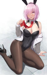 Rule 34 | 1girl, alternate costume, animal ears, bare shoulders, black leotard, blush, breasts, brown pantyhose, cleavage, collarbone, commission, detached collar, fake animal ears, fate/grand order, fate (series), grey jacket, hair over one eye, high heels, highleg, highleg leotard, highres, jacket, large breasts, leotard, light purple hair, long sleeves, looking at viewer, mash kyrielight, necktie, off shoulder, open clothes, open jacket, open mouth, pantyhose, playboy bunny, prime, purple eyes, rabbit ears, red necktie, short hair, skeb commission, solo, thighs