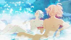 2boys abs alhaitham_(genshin_impact) blonde_hair blush closed_eyes forehead genshin_impact grey_hair hair_ornament hairclip highres holding holding_plate jewelry kaveh_(genshin_impact) male_focus multiple_boys muscular muscular_male nipples nude onsen open_mouth plate ponytail short_hair tan towel towel_on_head velkia water waterfall x_hair_ornament