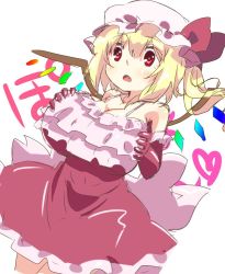 Rule 34 | 1girl, alternate breast size, alternate costume, blonde hair, blush, bow, breast hold, breasts, cl (h-sys.), colorized, crystal, dress, fang, flandre scarlet, frilled dress, frills, gloves, hat, hat bow, huge breasts, large breasts, mob cap, open mouth, ponytail, red dress, red eyes, red gloves, short hair with long locks, side ponytail, simple background, sketch, sleeveless, solo, text focus, touhou, white background, wings