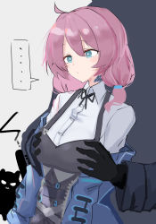 Rule 34 | ..., 1other, 2girls, arknights, asususususu, black coat, black gloves, blue eyes, blue hair, blue jacket, blue poison (arknights), blush, braid, closed mouth, coat, collared shirt, commentary request, doctor (arknights), glaucus (arknights), gloves, grabbing, grabbing from behind, groping, highres, hood, hood down, hooded jacket, jacket, long sleeves, looking at another, multicolored hair, multiple girls, off shoulder, scales, shirt, silhouette, sketch, spoken ellipsis, streaked hair, sweat, twin braids, upper body, white shirt