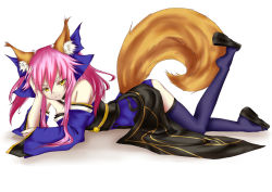 Rule 34 | 10s, 1girl, animal ear fluff, animal ears, bad id, bad pixiv id, blue thighhighs, breasts, cheungchz, fate/extra, fate (series), fox ears, fox tail, hair between eyes, hair ribbon, hand on own head, highres, japanese clothes, long hair, looking at viewer, lying, on stomach, pink hair, ribbon, shoe dangle, simple background, solo, tail, tamamo (fate), tamamo no mae (fate/extra), thighhighs, twintails, white background, yellow eyes