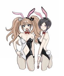 Rule 34 | 2girls, :d, alternate costume, bear hair ornament, black hair, black leotard, blonde hair, bow, bowtie, breasts, cleavage, clothing cutout, cropped legs, danganronpa: trigger happy havoc, danganronpa (series), detached collar, enoshima junko, fishnet pantyhose, fishnets, hair ornament, hand on own hip, highres, holding, ikusaba mukuro, koya-san, large breasts, leotard, long hair, looking at another, multiple girls, nail polish, navel, official alternate costume, open mouth, pantyhose, playboy bunny, poker chip, red bow, red bowtie, short hair, siblings, sisters, small breasts, smile, stomach cutout, teeth, twintails, upper teeth only, white leotard