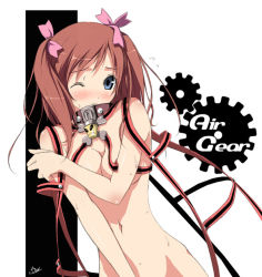Rule 34 | 00s, 1girl, air gear, blue eyes, blush, bow, breasts squeezed together, breasts, brown hair, collar, covering privates, covering breasts, hair ribbon, hentai mask, kantoku, leash, long hair, noyamano ringo, nude, one eye closed, pink bow, revealing clothes, ribbon, solo, wink