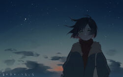 Rule 34 | 1girl, black hair, blue jacket, cloud, commentary, dated, floating hair, green eyes, highres, jacket, looking at viewer, night, night sky, open mouth, original, outdoors, ozj05, parted bangs, red shirt, shirt, short hair, sky, solo, standing, star (sky), starry sky, straight-on, sunset, sweater, turtleneck, turtleneck sweater, upper body