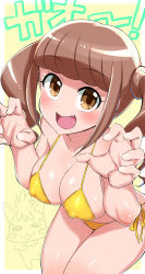 Rule 34 | 1girl, :d, bikini, blunt bangs, breasts, brown eyes, brown hair, collarbone, commentary request, covered erect nipples, fang, hands up, healin&#039; good precure, highres, hiramitsu hinata, konboi-eg, large breasts, long hair, looking at viewer, nyatoran (precure), open mouth, precure, short hair, side-tie bikini bottom, smile, solo, swimsuit, twintails, yellow background, yellow bikini